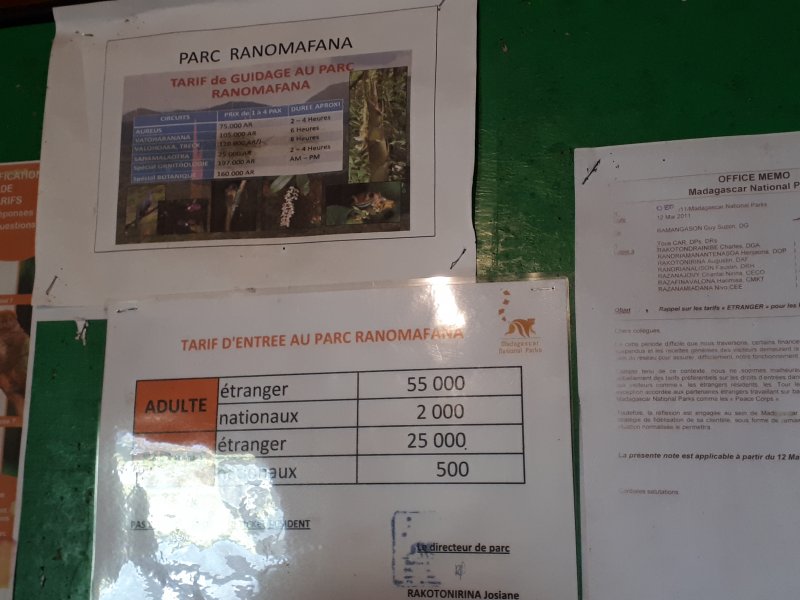 Lista de precios, Madagascar: Precios entradas y guías en Parques Nacionales