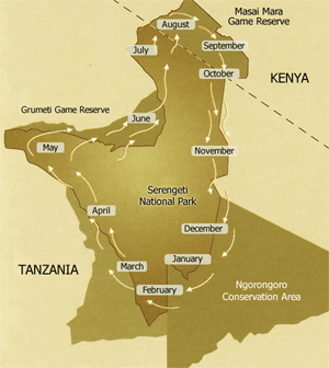 Mapa de la Gran Migracion de Masai Mara, La Gran Migración: parques de Masai Mara y Serengeti