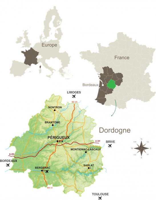Mapa Dordoña-Perigord, Dordoña-Perigord: Recomendaciones, qué visitar - Aquitania
