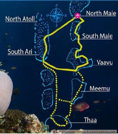 Mapa ruta crucero Maldivas 2024, Crucero snorkel con buceadores en Maldivas 2024