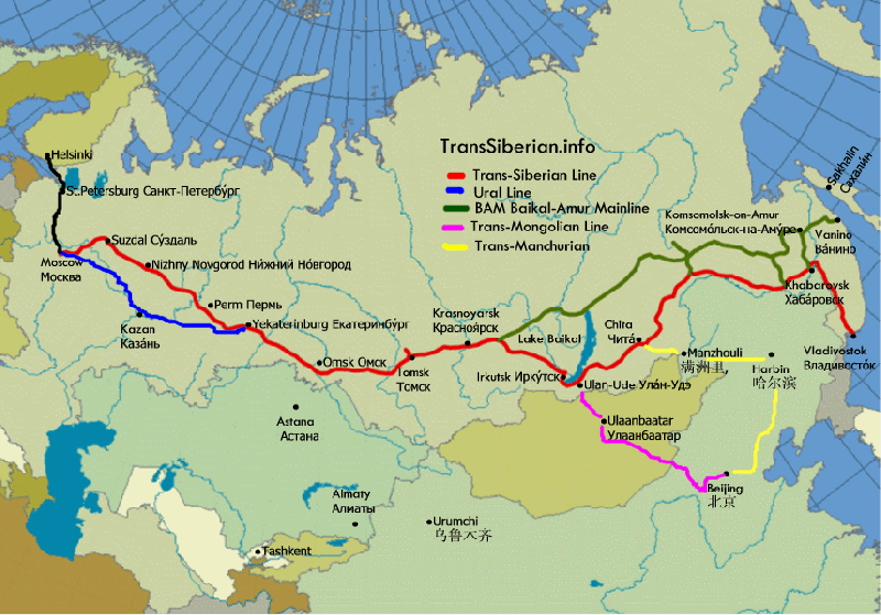 Mapa de las rutas del Transiberiano, Transmongoliano, Transiberiano - Trenes de Rusia